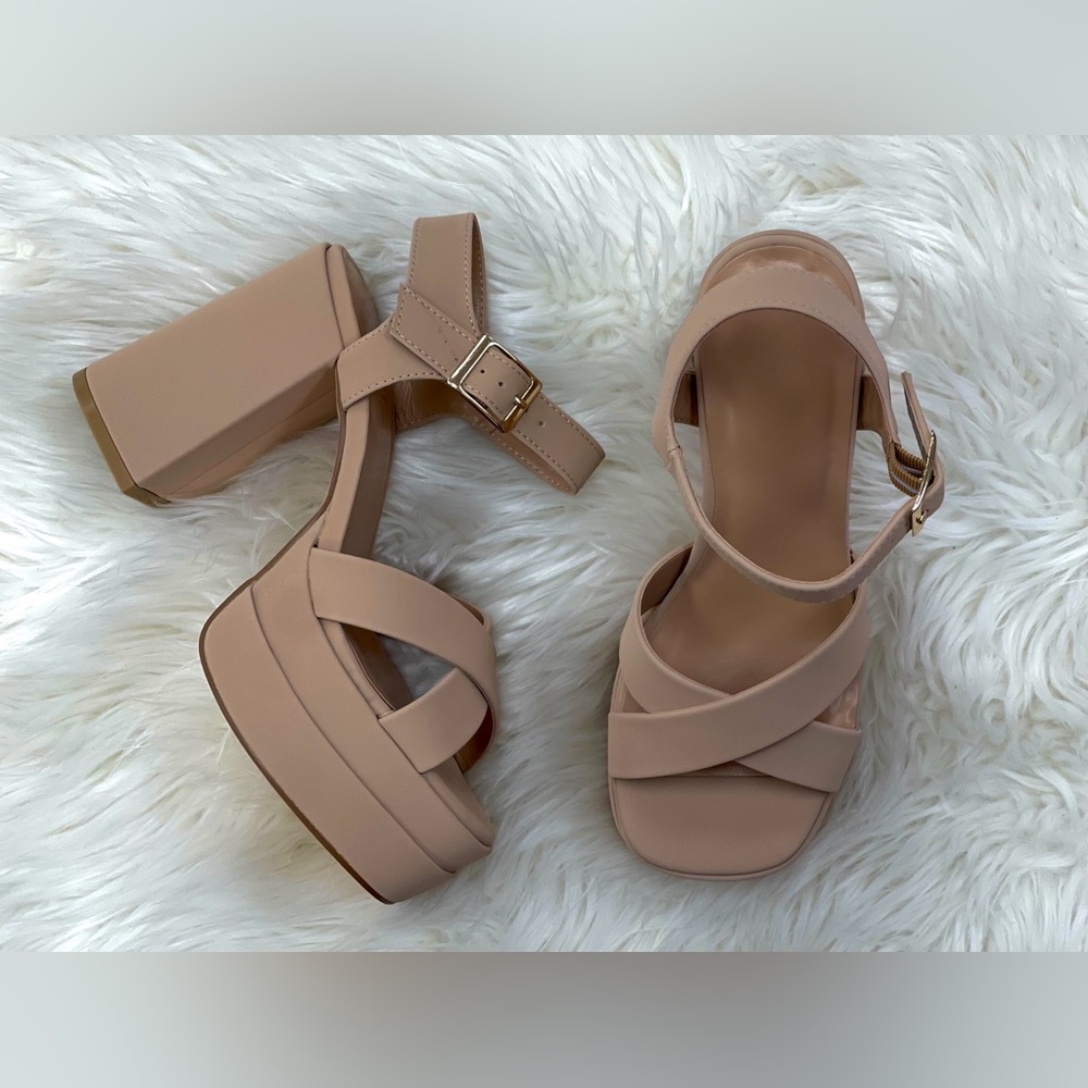 Nude shoes chunky heels with with platform.